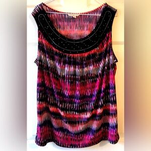 Laura Ashley Pink Purple Black Abstract Braided Neckline Sleeveless Knit Top 1X